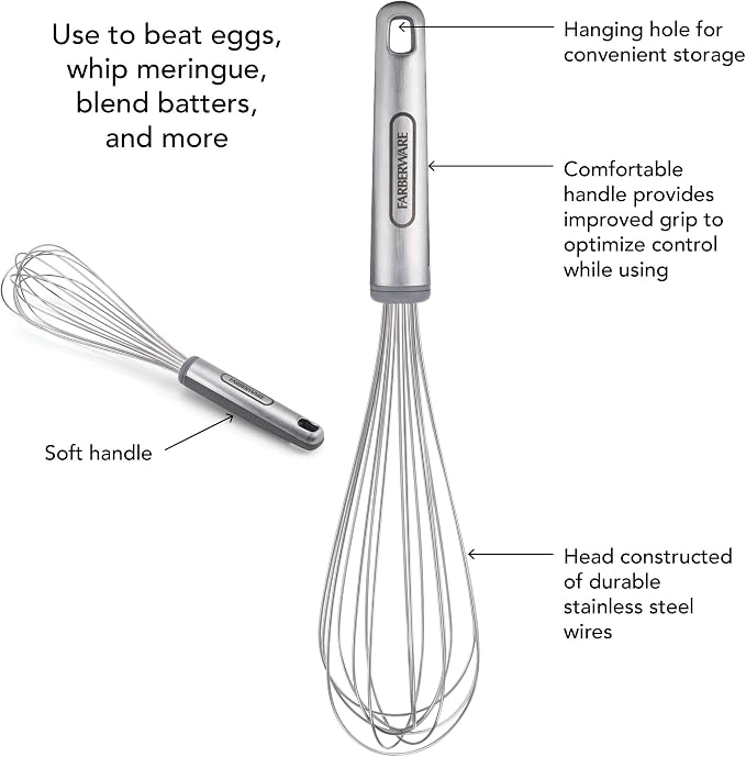 Farberware Pro Stainless Steel Whisk, 13.25 Inches - Soft Grip Handle for Beating Eggs, Whipping Cream, Blending Batters and Sauces, Dishwasher Safe Kitchen Utensil
