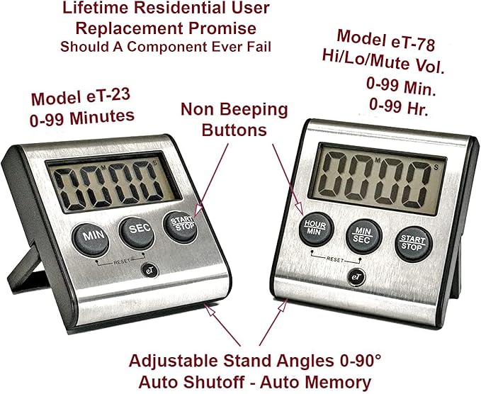 Elegant Digital Kitchen Timer Stainless Steel - Loud Alarm - Model eT-78