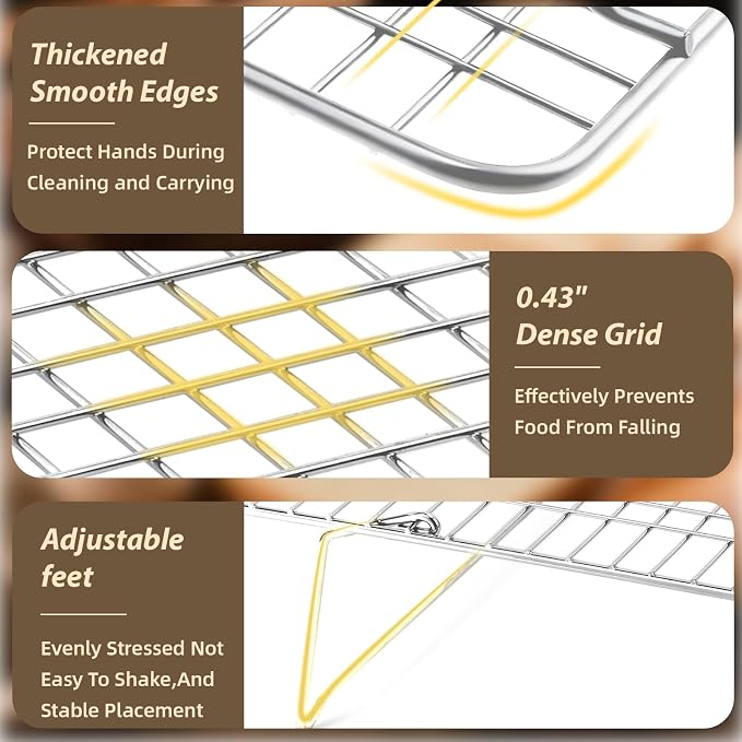 Pleafind 3 Pieces Stackable Cooling Rack - 16 x 10 Inch Wire Rack, 0.43" Dense-Grid Cooling Racks for Cooking, Baking, Roasting, Grilling, Oven and Dishwasher Safe, Silver