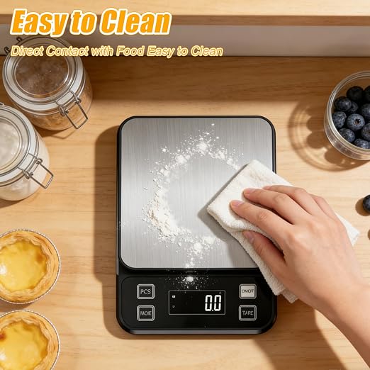 Waterproof Kitchen Scale, 10kg/22lb Food Scale Precisely Measures Grams and Ounces for Baking and Cooking, Stainless Stee Digital Scale with LCD Display for Food