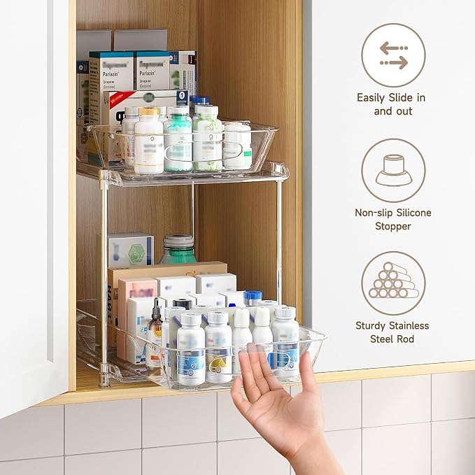 2-Pack 2-Tier Under Sink Organizer with Pull Out Drawers | Multi-use kitchen & bathroom storage. Includes hanging hooks and cups. transparent, space-saving cabinet design. 12.8 Inch