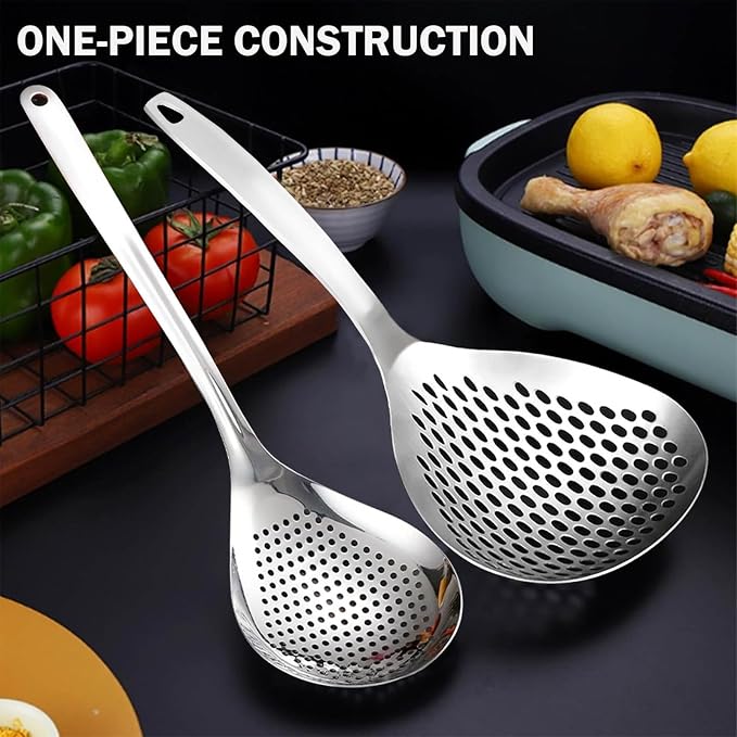 KAYCROWN Skimmer Slotted Spoon, 2 Pack Stainless Steel Pasta Spider Strainer Skimmer Ladle Spoon for Frying and Cooking, Frying Strainer, Kitchen Cooking Colander