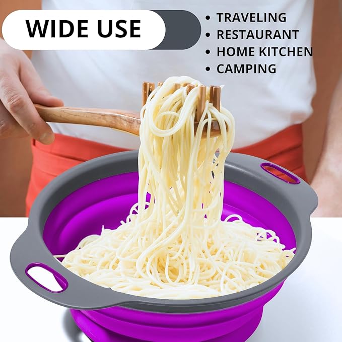 Purple Foldable Food Strainer for Kitchen - Small Collapsible Colander for Spaghetti and Pasta Multifunctional Silicone Strainer for Camping