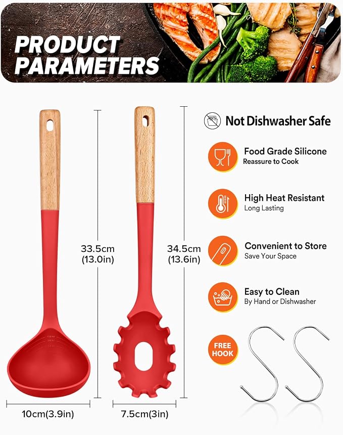 Pasta Fork and Ladle Set, Perfect for Serving Hot Soup, Stirring, and Sauce Pasta, BPA-Free Matte Silicone, Wood Handle Spaghetti Spoon for Nonstick Cooking Surfaces (Red)