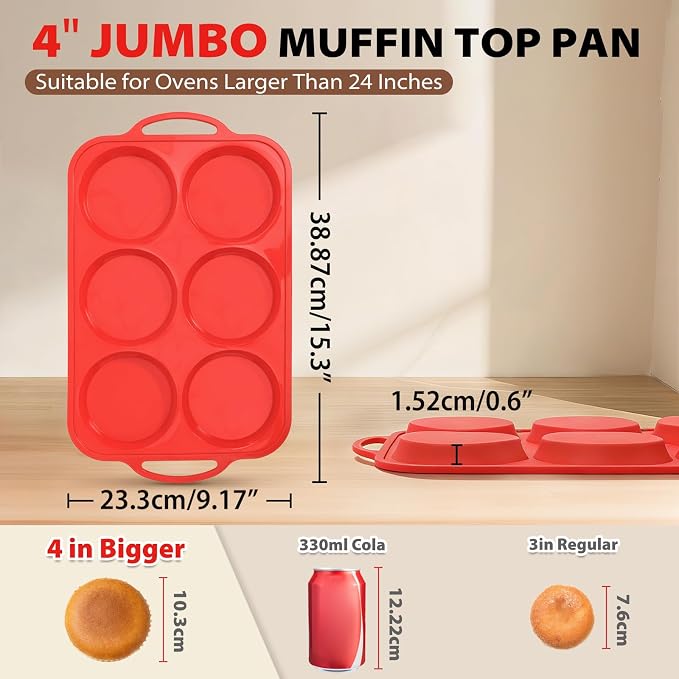 4 Inch Muffin Top Pan Non Stick with Metal Frame, Silicone Egg Molds for Breakfast Sandwiches, Large Round Whoopie Pie Baking Pan with Handle for English Muffin, Egg Bite and Oven, Red