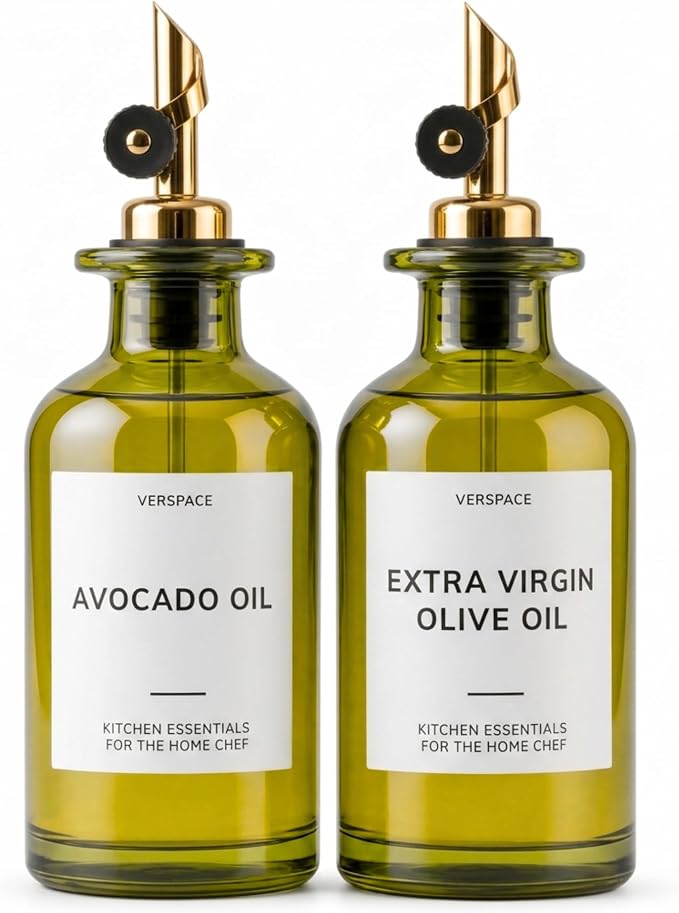 Verspace UV-Protected Green Glass Olive Oil Dispenser Bottles For Kitchen - 2 Pack - 12oz Includes 40 Kitchen Essential Labels, Avocado Oil Dispenser Set, Modern Decor for Home, Airbnb, Cafe