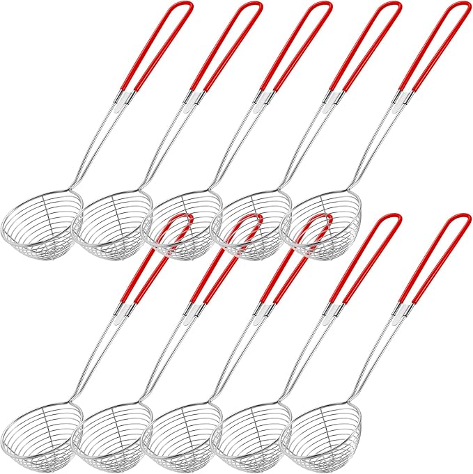 Geiserailie 10 Pieces Hot Pot Kit Strainer Scoops Stainless Steel 2.5 Inch Mini Spider Strainer Skimmer Pasta Mesh Spoon Asian Skimmer Spoon Ladle with Handle for Home (Red)