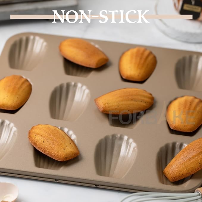 Madeleine Pan Set, 12-Cavity Nonstick Carbon Steel Baking Pans, 2 Pack | French Shell Design with Easy Release Surface for Classic Madeleines