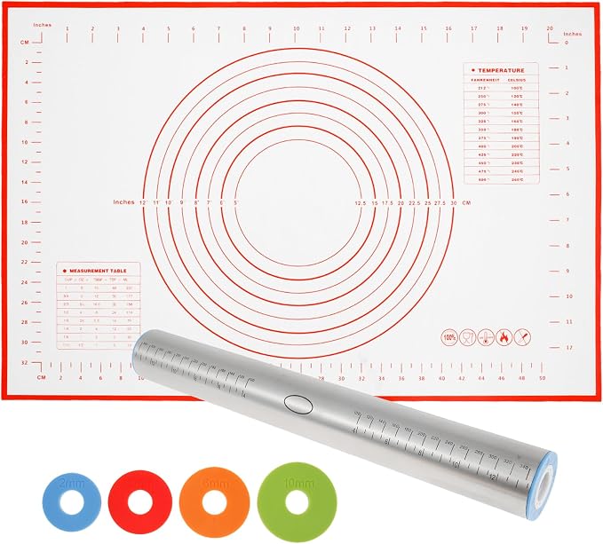Rolling Pin and Silicone Baking Pastry Mat Set Stainless Steel Dough Roller with Adjustable Thickness Rings Nonstick Dough Roller Pin for Fondant Pizza Pie Cookies (1PC)