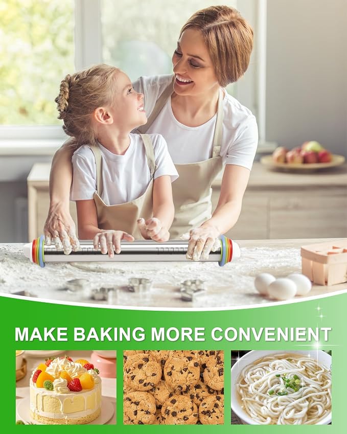 Adjustable Stainless Steel Rolling Pin with Thickness Rings for Baking, Dough Roller Pins for Cookie Decorating Baking Supplies with 1PCS Silicone Pastry Mat & 1PCS Rolling Pin Holder