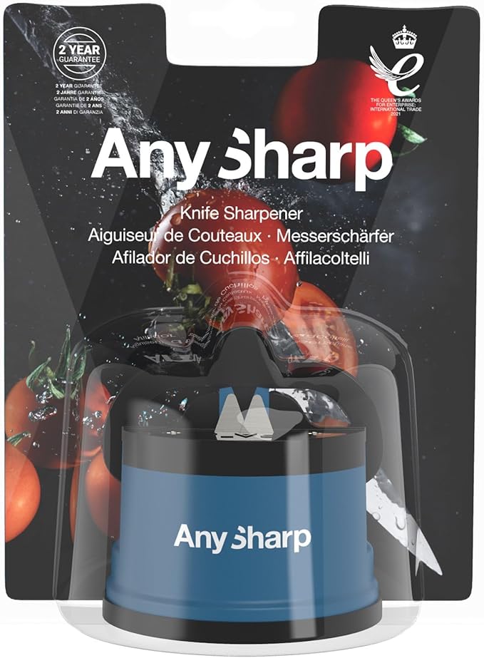 AnySharp – Global – Hands Free Knife Sharpener - Easy to Use Sharpening Tool with PowerGrip Suction Base and 20-Degree Pre-Set Angle - for All Knives: Chef's, Serrated, and Hardened Steel - Blue