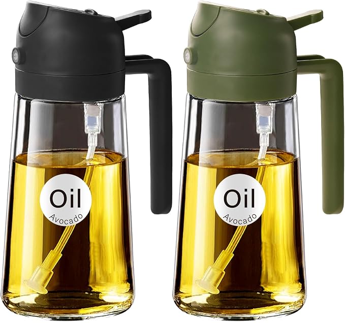 YARRAMATE 16 oz 2-in-1 Glass Olive Oil Sprayer for Cooking, BlackOliveGreen | Food-grade dispenser bottle, 470 ml, spray and pour, portion control, stickers included, for salad, frying and BBQ