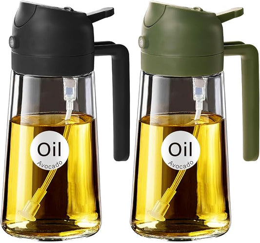 YARRAMATE 16 oz 2-in-1 Glass Olive Oil Sprayer for Cooking, BlackOliveGreen | Food-grade dispenser bottle, 470 ml, spray and pour, portion control, stickers included, for salad, frying and BBQ