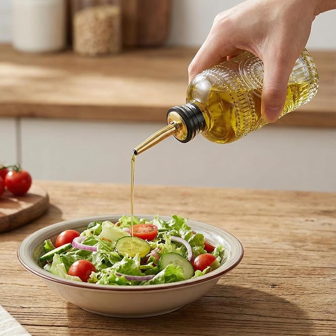 Kingrol Embossed Glass Olive Oil Dispenser Set - 6 Pack 7 oz Clear Bottles with Non-Drip Pour Spouts, Labels & Funnel for Oil, Vinegar & Dressing Organization