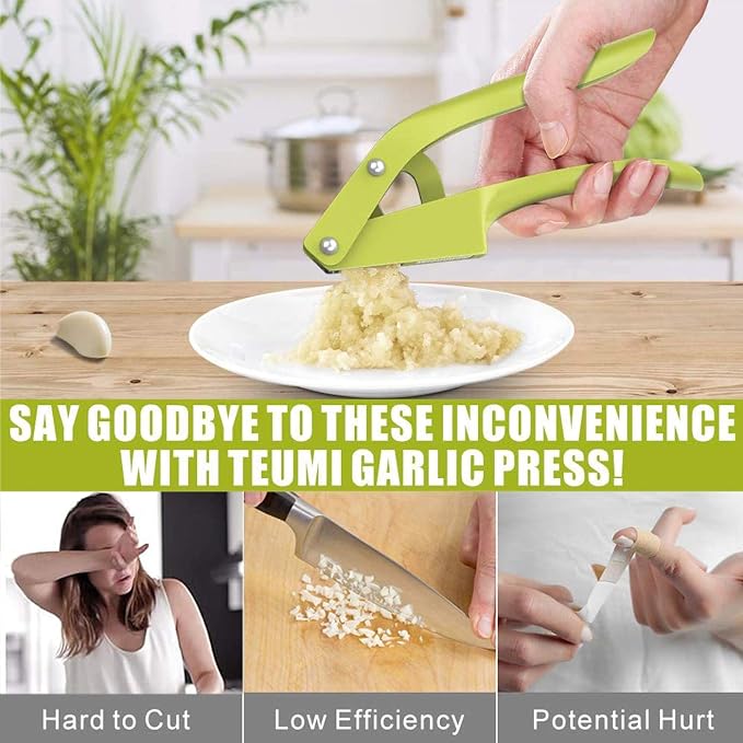 Garlic Press, 2 in 1 Garlic Slicer and Mincer with Silicone Tube Peeler and Cleaning Brush for Garlic, Ginger, Nuts & Seeds