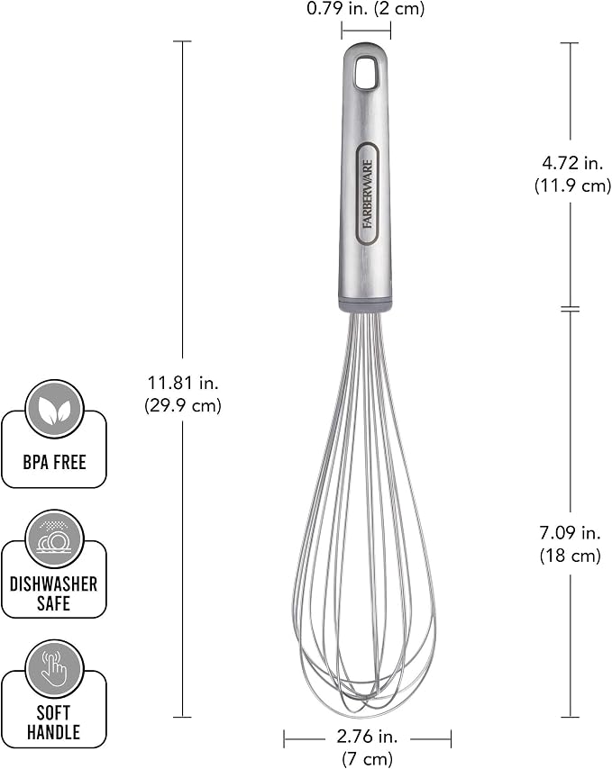 Farberware Pro Stainless Steel Whisk, 13.25 Inches - Soft Grip Handle for Beating Eggs, Whipping Cream, Blending Batters and Sauces, Dishwasher Safe Kitchen Utensil