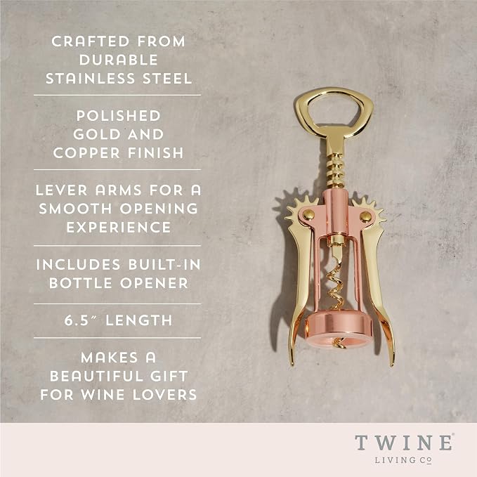 Twine Winged Corkscrew Wine Opener, Versatile Bottle Opener for Beer and Soft Drinks, Stainless Steel with Ergonomic Handle and Sharp Screw for Bartenders, Home Bar, Kitchen, Set of 1, Copper and Gold