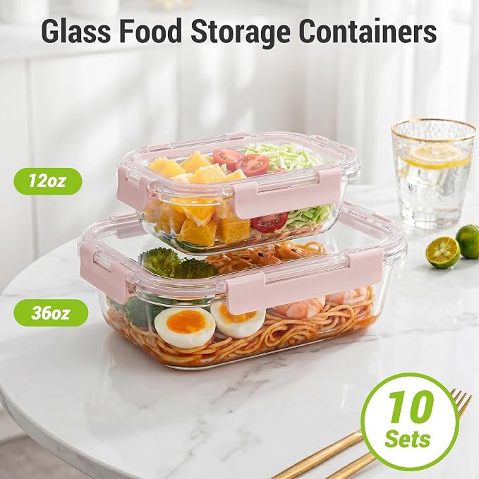 Dealusy 10 Sets 36 oz & 12 oz Glass Food Storage Containers with lids, Pink | 20-Piece Airtight Leak-proof Glass Meal Prep Containers with Lids, Microwave Oven Freezer Dishwasher Safe