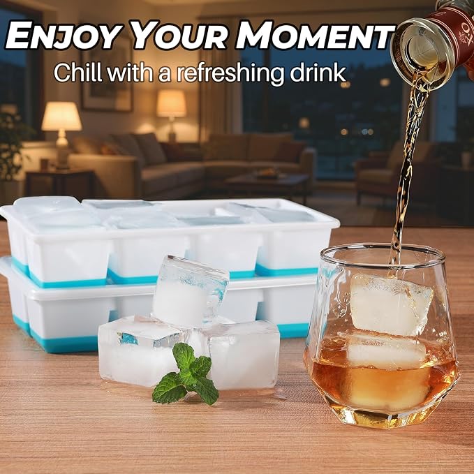 Large Ice Cube Trays with Lid, Jrisbo 2 Pack Stackable Silicone Ice Cube Molds for Freezer, Easy Release 16 Big Square Ice Trays for Whisky Cocktails (2 Blue 2 Green)