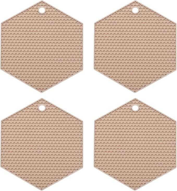 uxcell 4pcs Silicone Trivet Mats Heat Resistant Silicone Pot Holders for Hot Pots and Pans, Non-Slip Hot Pads for Kitchen Hot Dishes Table Countertops, Beige(Hexagonal)