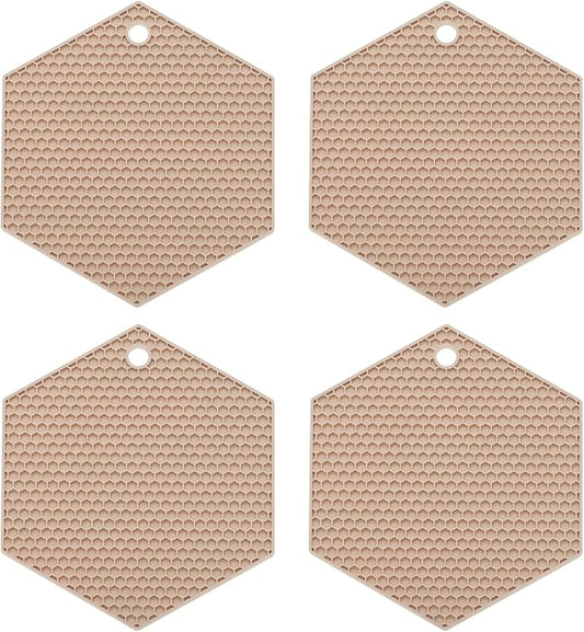 uxcell 4pcs Silicone Trivet Mats Heat Resistant Silicone Pot Holders for Hot Pots and Pans, Non-Slip Hot Pads for Kitchen Hot Dishes Table Countertops, Beige(Hexagonal)