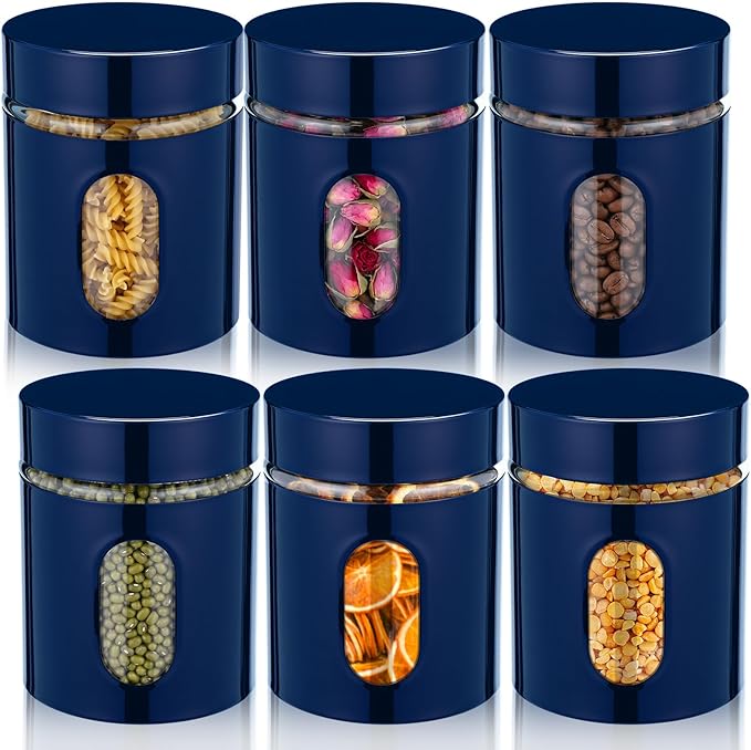 6 Pack Kitchen Canisters Set Airtight Coffee Sugar Tea Storage Jars with Window Glass Stainless Steel Containers with Lids for Flour Cookies Spices Grains Kitchen Decorations(Navy Blue,20 oz)
