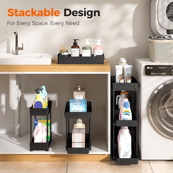 3-Pack 2-Tier Under Sink Organizers with Sliding Drawers | Multi-use kitchen & bathroom storage, 12.8 inch 2-Tier Sliding cabinet organizer, space-saving sliding drawer design.