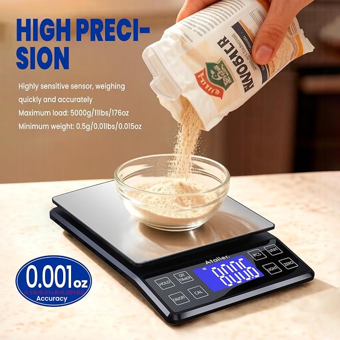 Rechargeable Digital Kitchen Scale, 0.1g Resolution Max 5kg 11Ibs | Food Scale with PCS Counting, Hold, Tare Functions, 6.3"x6.3" Large Stainless Steel Platform, for Cooking, Baking, Meal Prep