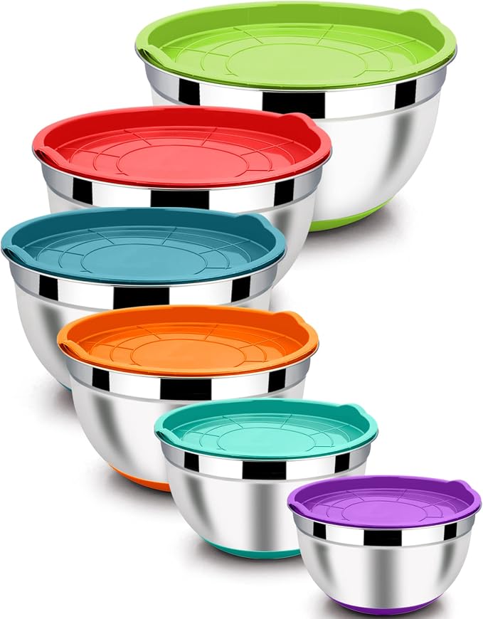 LIANYU Nesting Mixing Bowls Set of 6, Large Size 7, 3.5, 2.5, 2, 1.5, 1QT | Stainless Steel Metal Bowls with Airtight Lids, for Baking Cooking Food Storage, Non-slip Bottom, Colorful