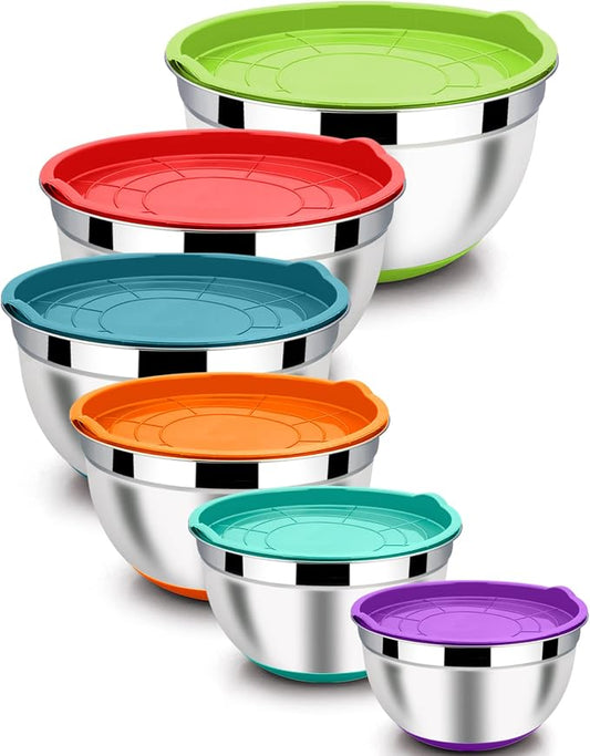 LIANYU Nesting Mixing Bowls Set of 6, Large Size 7, 3.5, 2.5, 2, 1.5, 1QT | Stainless Steel Metal Bowls with Airtight Lids, for Baking Cooking Food Storage, Non-slip Bottom, Colorful