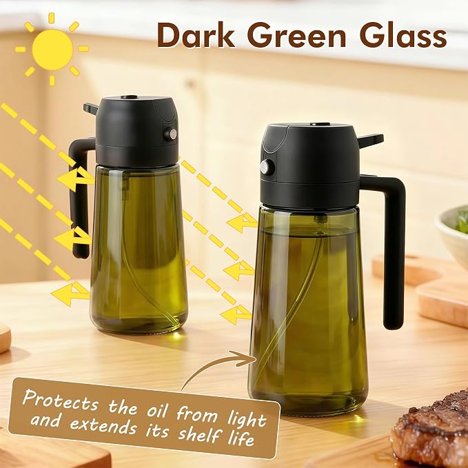Poshetion 2 in 1 Olive Oil Sprayer for Cooking, 16oz Light-Proof Oil Dispenser for Kitchen, Leak-Proof Oil Spray Bottle for Air Fryer, Salad, BBQ, Baking, Grilling - Black & Black