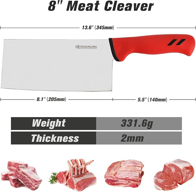 YOUSUNLONG Chinese Meat Cleaver - 8 Inch Kitchen Knives Professional Chef Knife - Premium High Carbon Molybdenum Steel Blade - Ergonomic & Non-slip Handle