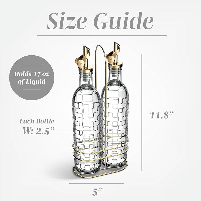 COOK WITH COLOR Glass Olive Oil Bottle Dispenser - 2 Pack- 17oz Oil and Vinegar Cruet - Olive Oil Carafe Decanter for Kitchen, Checkered, Clear