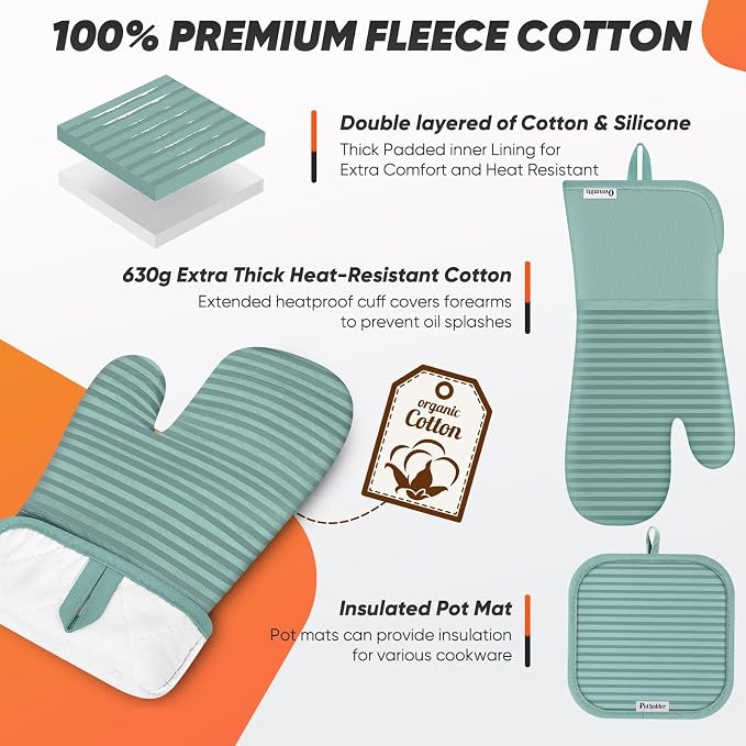 Oven Mitts Kitchen Towels and Dishcloths with Pot Holders Sets, Oven Gloves Hot Pads 500°F Heat Resistant with Silicone Grip, Include 2 Cooking Gloves/2 Potholders/4 Kitchen Towels/4 Dish Towels