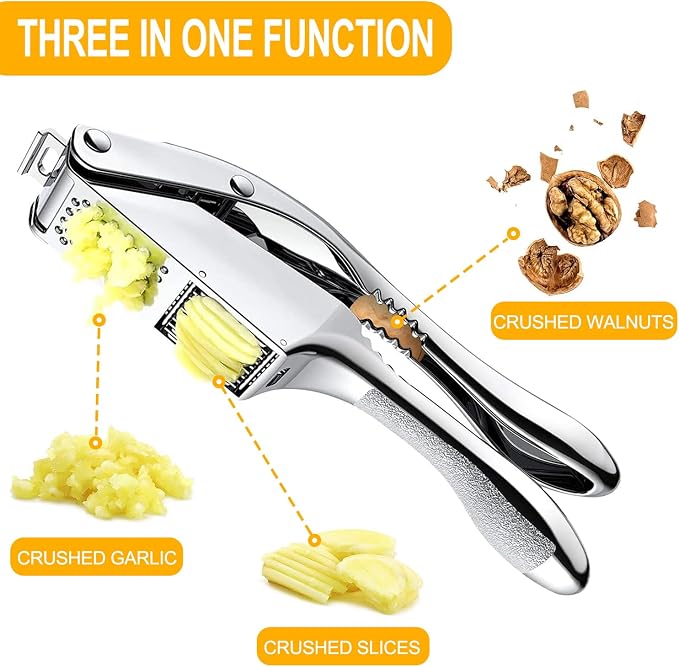 Garlic Press and Slicer 3 In 1, Food Grade Stainless Steel Garlic Mincer Chopper Crusher Garlic Press Kitchen Tool with Garlic Peeler Skin Remover and Clean Brush