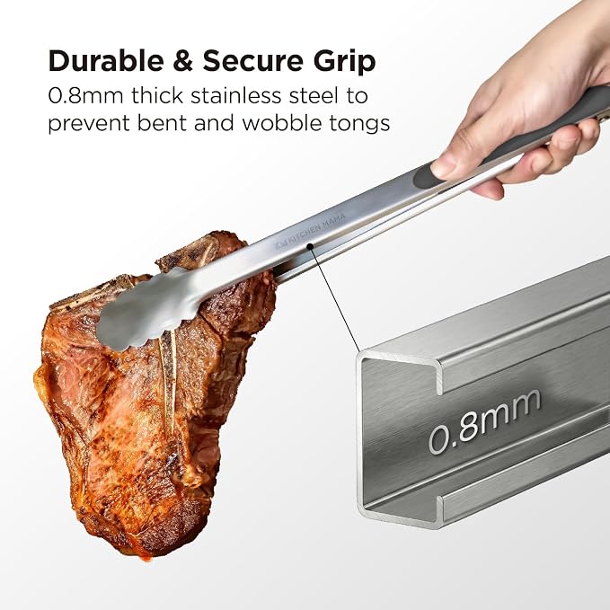 Kitchen Mama DuoEssentials Cooking Tongs Set, Metal Gray | 12" Silicone Tip & 14" Stainless Steel, BBQ Grill Tongs, Locking Ring, Heat Resistant, Non Stick & Dishwasher Safe
