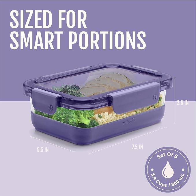 Ello Duraglass Refresh 3.4 Cup Meal Prep Containers, 10 Pc, Everest | Glass meal prep container set with silicone boots, airtight leakproof BPA-free lids, microwave, freezer & dishwasher safe