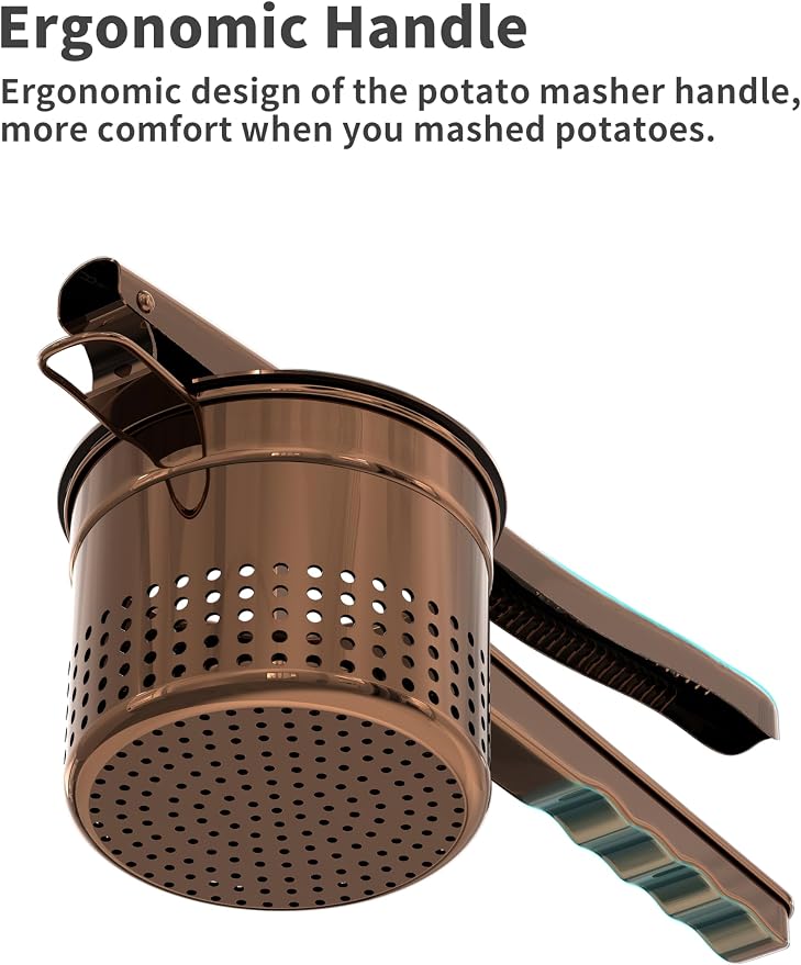 Livilord Large 15oz Potato Ricer, Heavy Duty Stainless Steel Ricer for Mashed Potatoes, Sweet Potato Masher Kitchen Tool with Ergonomic Handle, Press and Mash Kitchen Gadget, Bronze Color