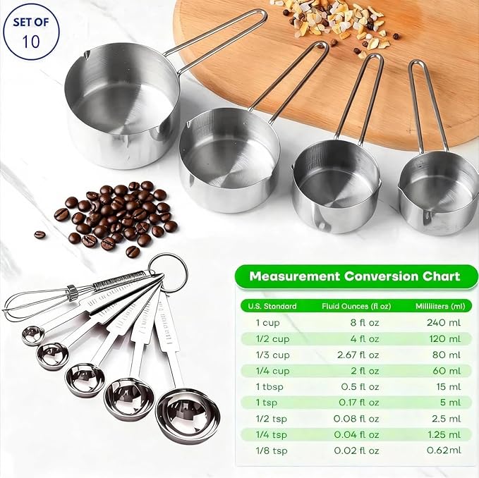 10 Pieces Measuring Cups and Spoons Set, Measuring Cups for Cooking | Stainless Steel,Gifts for Women Mom Cooking Lovers-4 Cups 5 Spoons 1 whisk with Strengthened Weld Joints