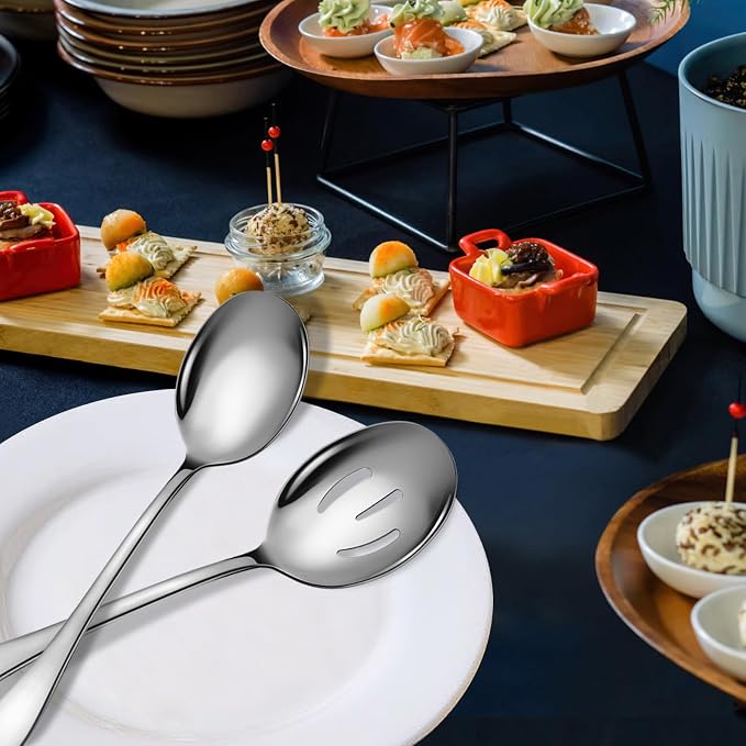 Stainless Steel Serving Spoons Set, 6pc, 10-Inch, Includes 3 Large, 3 Slotted, for Parties/Kitchen/Buffet/Catering, Dishwasher Safe