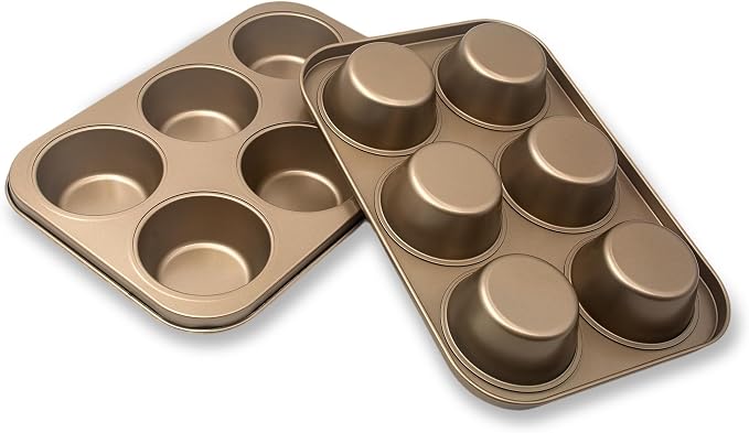 Non-Stick Gold Jumbo Muffin Pans, 6-Cup Set of 2 | Carbon Steel, Spatula Included for Extra-Large Muffins & Cupcakes