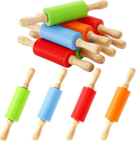 SOUJOY 8 Pack Mini Rolling Pin, 9 Inch Small Dough Roller with Wood Handle, Silicone Dough Rolling Pin for Kids Craft Kitchen Dough Cookie Pastry Fondant Cake, 4 Colors
