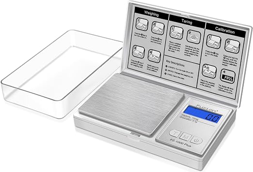 Fuzion Digital Pocket Gram Scale 0.1g/1000g - Small Kitchen Scale with Tray | Weighs Small Food, Spice, Herb, Coin - Easy of Use, LCD Display, Tare Function, 6 Modes Ounces Grains, Batteries Included