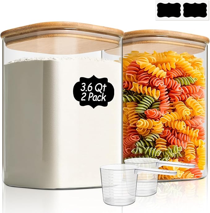ComSaf Glass Storage Jars with Bamboo Lids 3.6 Qt 2 Pack Large Wide Mouth | Pantry Organization, Flour Sugar Coffee Beans, Pasta Cereal Dry Food, Big Capacity, Cabinet Organization, Dry Food Storage