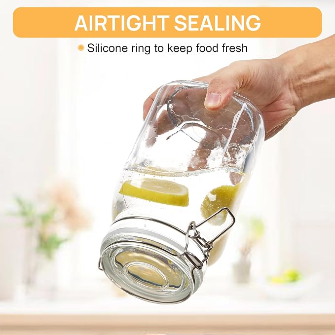 50oz Glass Food Storage Jars with Airtight Clamp Lids, 3 Pack | Food Storage Canister for Kitchen, Pantry Organization, Square Mason Jars for Storing Sugar, Flour, Cereal,Coffee,Cookies