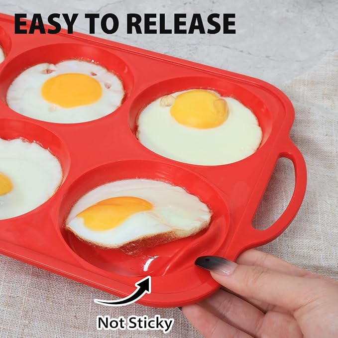 4 Inch Muffin Top Pan Non Stick with Metal Frame, Silicone Egg Molds for Breakfast Sandwiches, Large Round Whoopie Pie Baking Pan with Handle for English Muffin, Egg Bite and Oven, Red