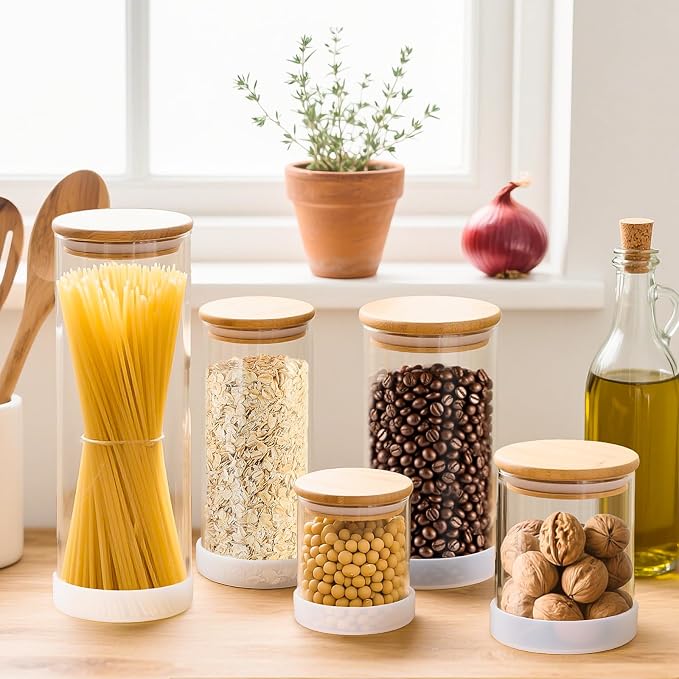 Glass Storage Containers with Bamboo Lids – 7 Pack Airtight Clear Glass Jars in Mixed Sizes (17oz/25oz/34oz/53oz/73oz) for Pantry Organization, Kitchen Dry Food, Coffee, Flour, Pasta & Snacks