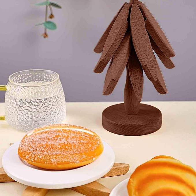 Wooden Cup Coaster Set，Tree Shape Trivet Set,Tree Coasters- 4 Wooden Trivets + 1 Stand stored for hot Dish/Pot/Bowl/teapot/hot Pot Set
