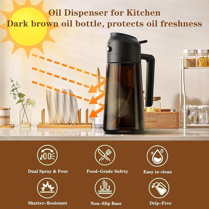 Oliver Oil Sprayer Dispenser for Cooking Bottle 16oz Dark Glass Black | 2-in-1 Lightproof Borosilicate Glass Oil Bottle, Wide Mouth for Easy Refill Clean