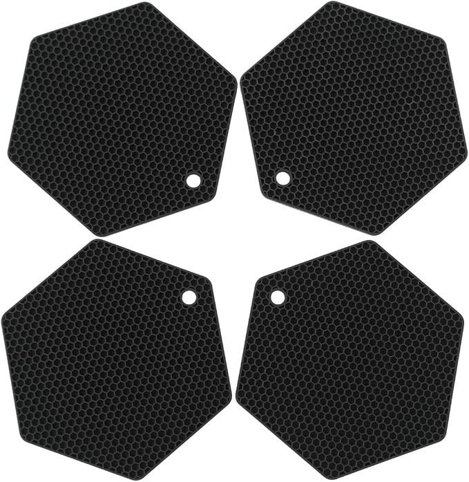4 Packed Silicone Trivet Mats - DIY Different Size Dish Drying Mat, Hot Pot Holder for Pots & Pans, Non-Slip & Heat Resistant Kitchen Hot Pads for Countertops & Table, Black